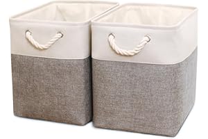 HOdo Home Fabric Storage Bin with Drawstring Closure and 2 Bold Handles, Collapsible Large Canvas Storage Baskets for Organizing Shelf Nursery Home Closet (Grey&White, 17L×12W×15H - 2Pack)
