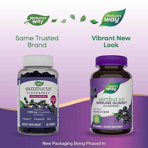 NATURE’S WAY SAMBUCUS ELDERBERRY IMMUNE GUMMIES, DAILY IMMUNE SUPPORT FOR KIDS AND ADULTS*, WITH VITAMIN C, VITAMIN D3, ZINC, GLUTEN FREE, VEGETARIAN, 60 GUMMIES (PACKAGING MAY VARY)
