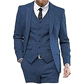 Mens Tweed Herringbone Wedding Suit Prom Tuxedos 3 Piece Peak Lapel Dress