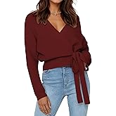 LANYO LILI Women’s Cropped Sweater V-Neck Wrap Sweater Long Sleeve Ribbed Knit Pullover with Side Tie Valentines Day Outfit