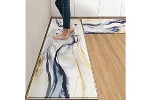 Arttown Anti-Fatigue Kitchen Rug Set of 2 Golden Flower Geometric Marble Cushioned Kitchen Floor Mat, Standing Mat Waterproof Non-Slip Kitchen Mats and Rugs PVC Ergonomic Comfort Foam Rug for Kitchen