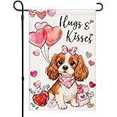 Valentines Day Garden Flag 12x18 Inch Double Sided Hugs and Kisses Dog Love Hearts Balloons Small Burlap Garden Flags for Anniversary, Wedding, Patio, Lawn, Party Decoration 