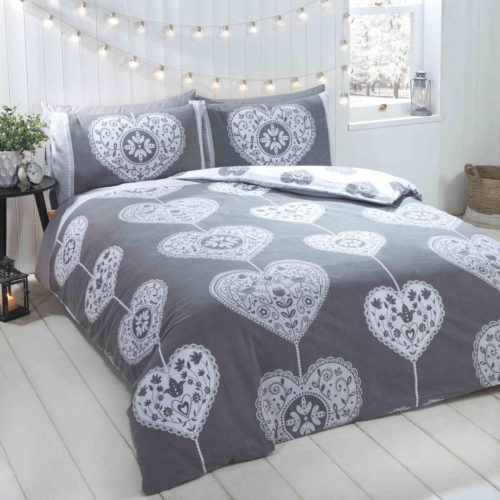 Rapport Hearts Christmas Scandi Duvet Cover Set, 100% brushed cotton, Grey, Single