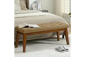 WUTUTUEE 43.5'' Faux Leather Bedroom Bench, Upholstered End of Bed Bench with Tufted Button, Padded Vintage Dining Bench, Entryway Bench with Solid Wood Legs, Kitchen, Living Room, Hallway, Light Brown Tufted