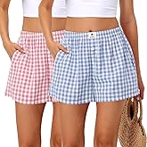 Bonuci 2 Pack Women Boxer Shorts Cotton Y2k Lounge Sleep Gingham Pj Summer Casual Pajama Y2k Beach Bottoms with Pockets