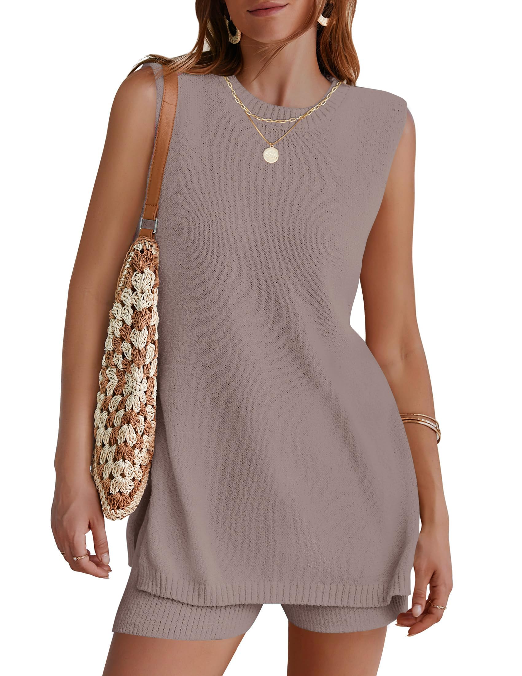 Photo 1 of (MISSING SHORTS) NENONA Women's Summer Sleeveless Sweater Lounge Sets Casual Knit Tunic Tops and Shorts 2 Piece Vacation Outfits,Camel,XL