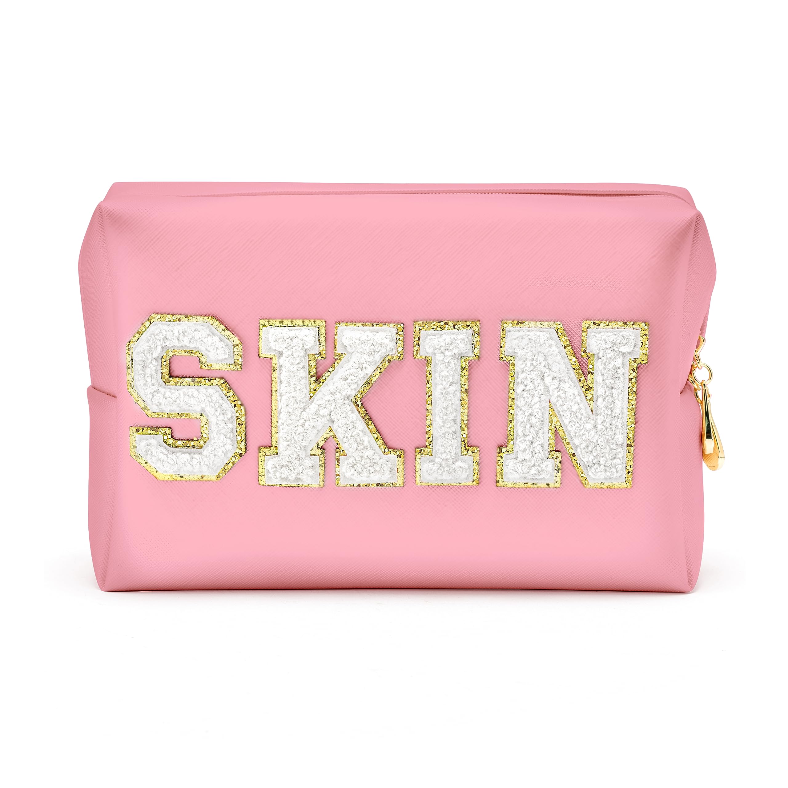 Preppy Patch Skin White Letter Pink Cosmetic Toiletry Bag PU Leather Portable Makeup Bag Daily Use Storage Pouch Toiletry Purse Waterproof Organizer for Travel Varsity Women Girls Teens(Pink)