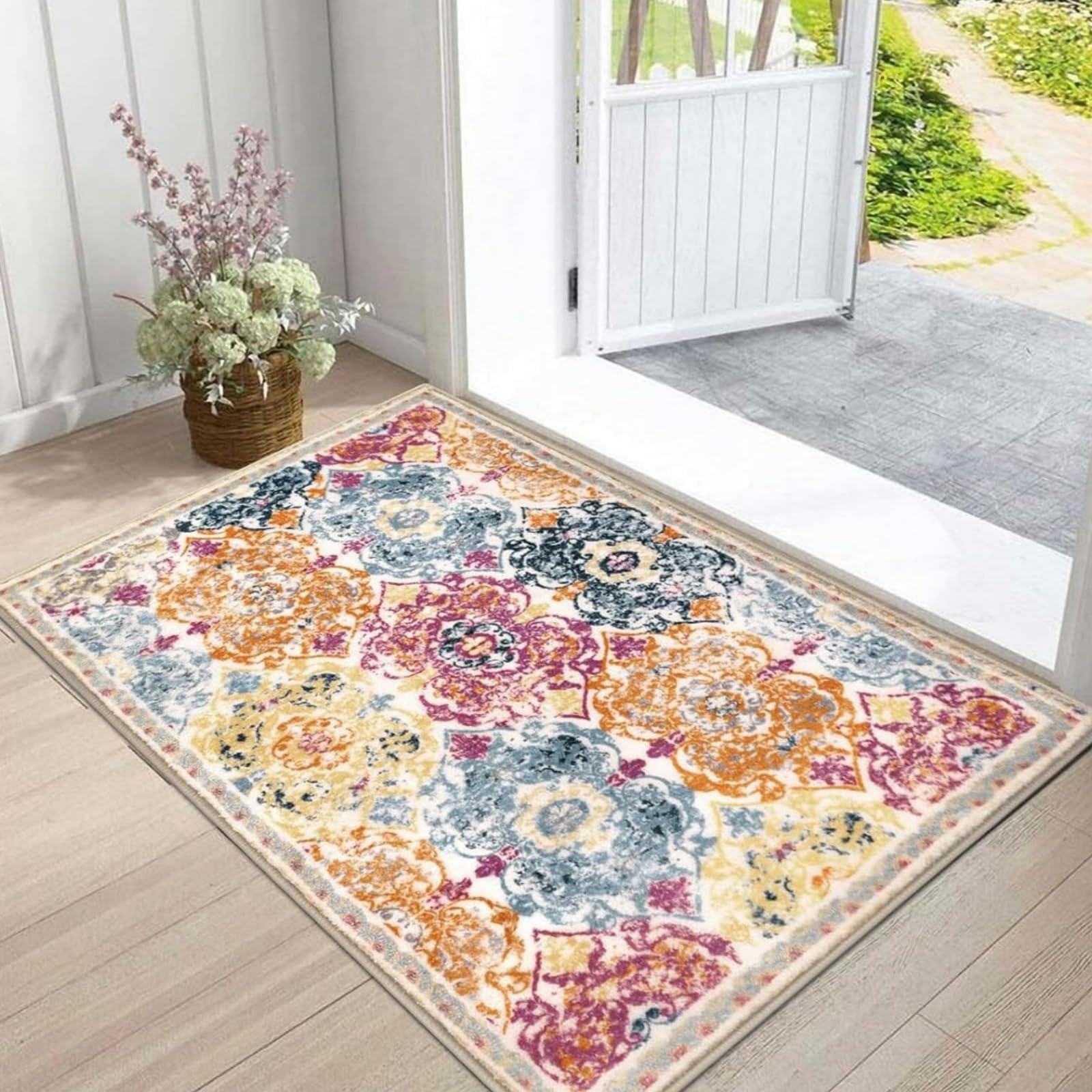 Enyhom Indoor Door Mat 60 x 90cm Machine Washable Rug Soft Doormats Non Slip Rubber Backing-Floor Mat Front Door Soft Mud Trapper Rug Doormat for Entrance Kitchen Home Deco, Colorful