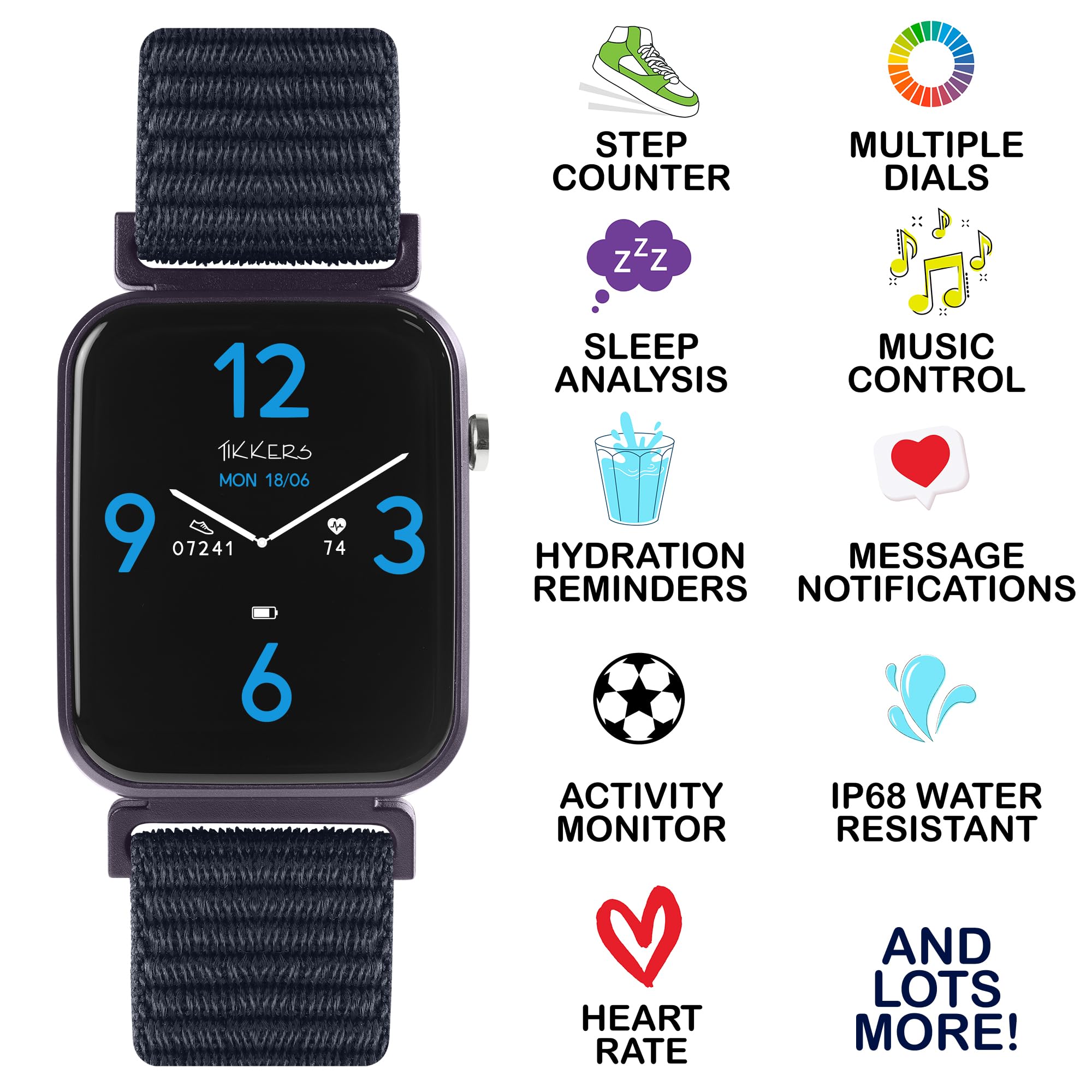 Tikkers Kids Series 13 Smart Watch with Fitness Tracker, Alarm Clock, Camera, GPS Connection, Heart Rate Monitor, Step Counter, Touch Screen, Navy Riptape Strap