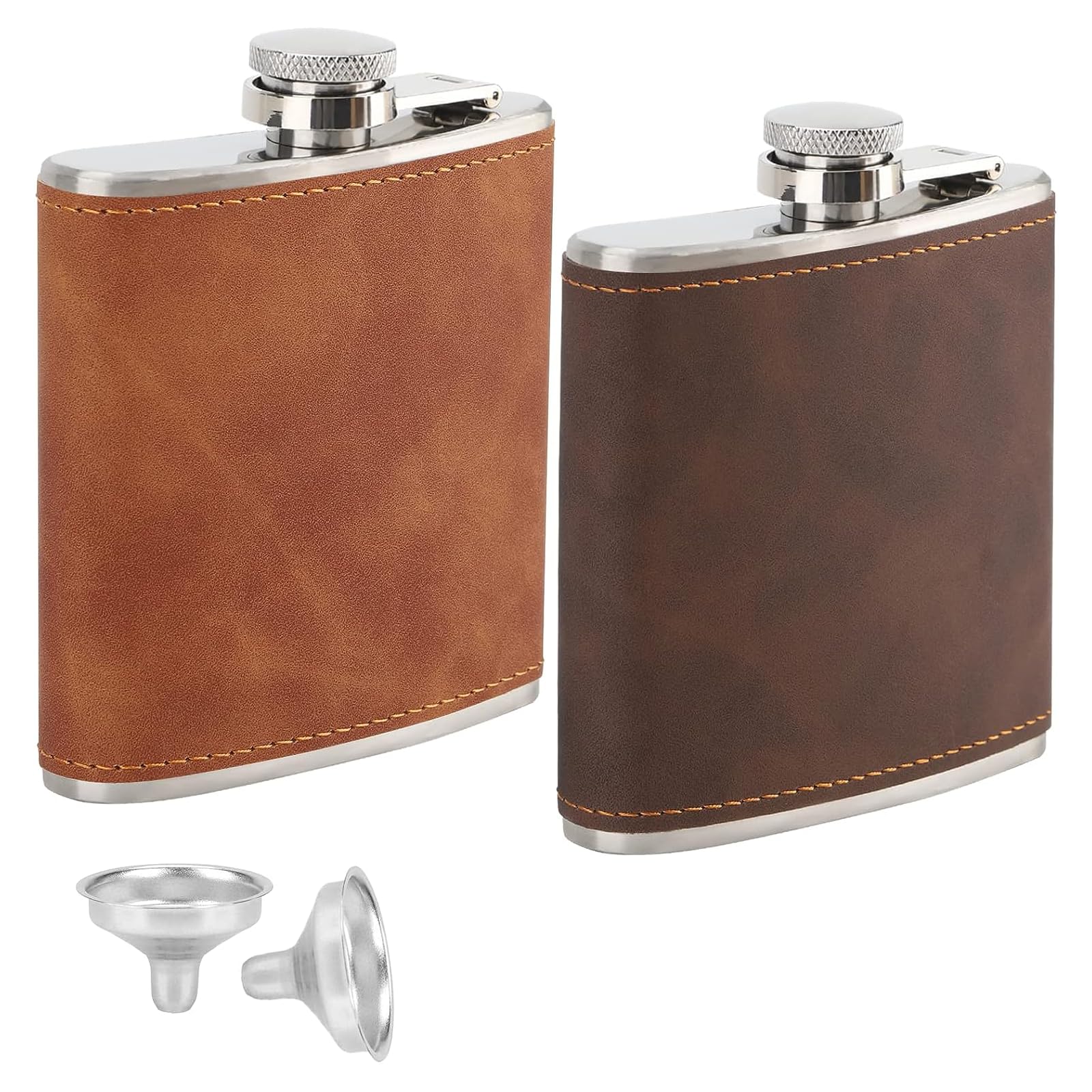 Vokowin 2 pcs 6oz Hip Flask with 2 Funnels, Stainless Steel Portable Pocket Whiskey Flask with Leather Wrapped Cover, Leak Proof Hip Flask for Men Women Travel Gift (Brown, Coffee)(K286-2)