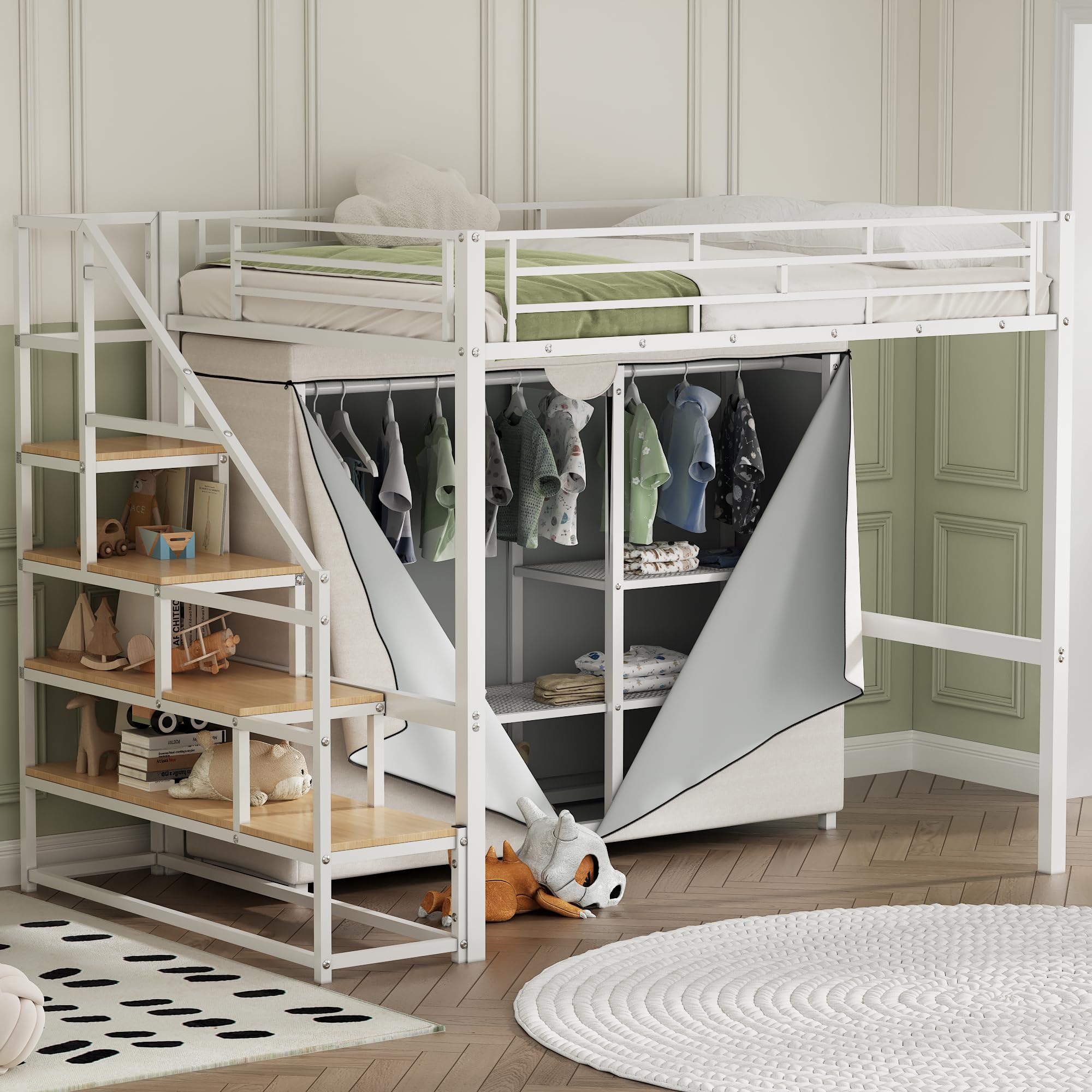 Photo 1 of Full Size Loft Bed with Stairs and Storage Shelves, Heavy Duty Loft Bed with Wardrobe and Removable Dust Cover, Full Loft Bed with Full Length Guardrail, White Loft Bed Full Size