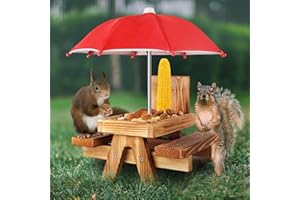 GNODRY Gnodary Squirrel Feeder with Umbrella, Squirrel Feeders for Outside, Squirrel Picnic Table Feeder - Chipmunk Feeder Hold Corn, Corn Cob, Peanuts (Bright-Red)