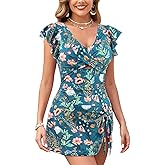 Women's One Piece Swimdress Swimsuit Tummy Control Ruffle Swim Dress Skirt Criss Cross Tie Back Bathing Suit