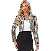 Allegra K Tweed Plaid Jacket for Women's Dressy Casual Button Decor Open Front Christmas Vintage Cropped Blazer