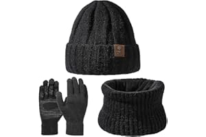 Favoreal Womens Mens Warm Knit Beanie Hat Neck Scarf Touchscreen Gloves Set Winter Hat Fleece lined Skull Caps