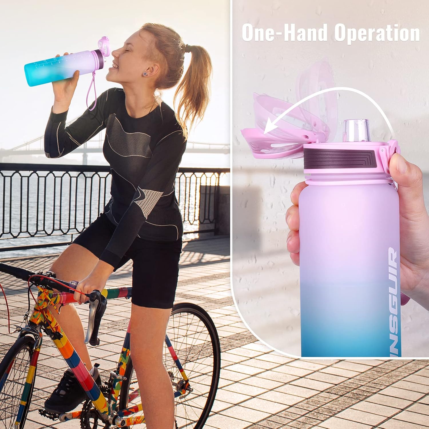 Vinsguir 32 oz Water Bottle with Motivational Time Marker & Measurements, 1 Liter BPA Free Water Jug for Women Men (No Straw): Home Improvement