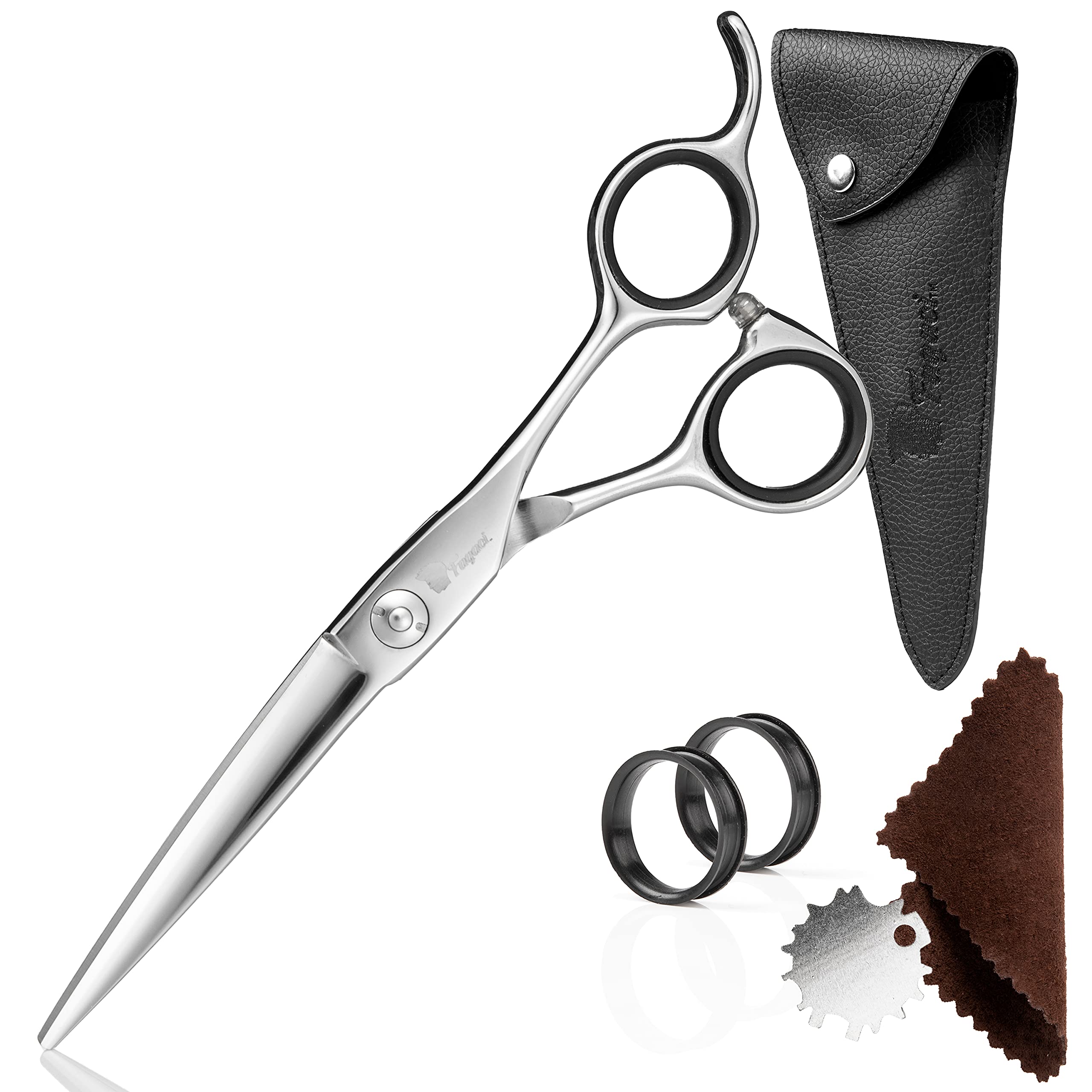 Photo 1 of Professional Hair Scissors 6 Inch Off Set with Extremely Sharp Blades, 440C Steel Hair Cutting Scissors, Durable, Smooth Motion & Fine Cut, Barber Scissors with Elegant Sheath, Cleaning Leather & Key