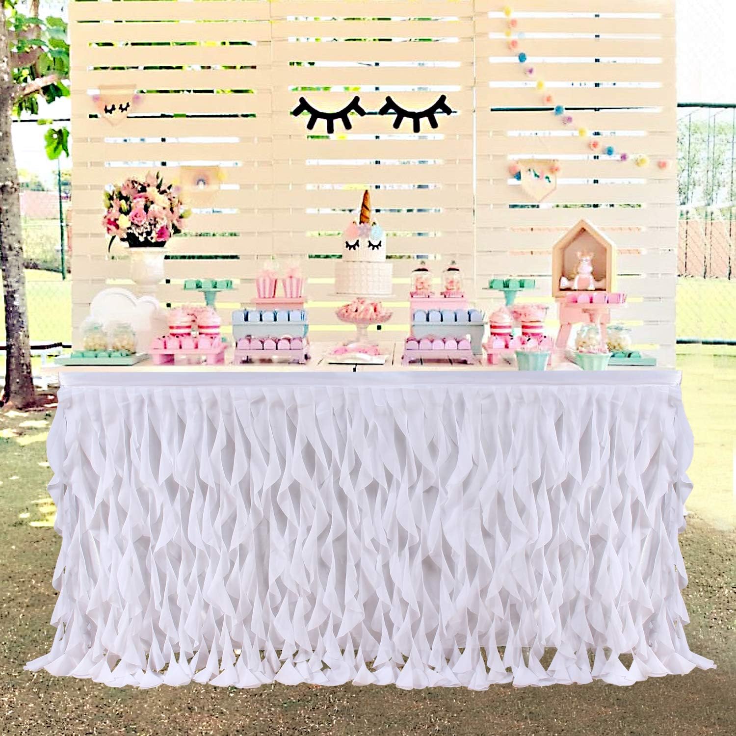 6ft Curly Willow White Table Skirting Lace Taffeta Table Skirt Tutu Tulle Table Skirt for Round or Rectangle Table for Birthday, Wedding, Party Decoration Supplies: Kitchen & Dining
