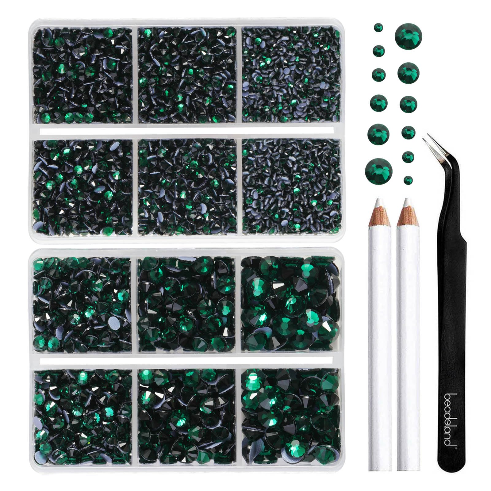 BEADSLAND Hotfix Rhinestones, 6080PCS Green Rhinestones for Clothes Crafts Mixed 6 Sizes with Wax Pencil and Tweezers Kit, SS6-SS30, Emerald