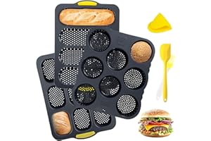 Set of 6 Hamburger Bun Pans for Baking, 4/8/9-Cup Hamburger Bun Mold, Silicone French Bread Baking Pan with Brush, Spatula, a