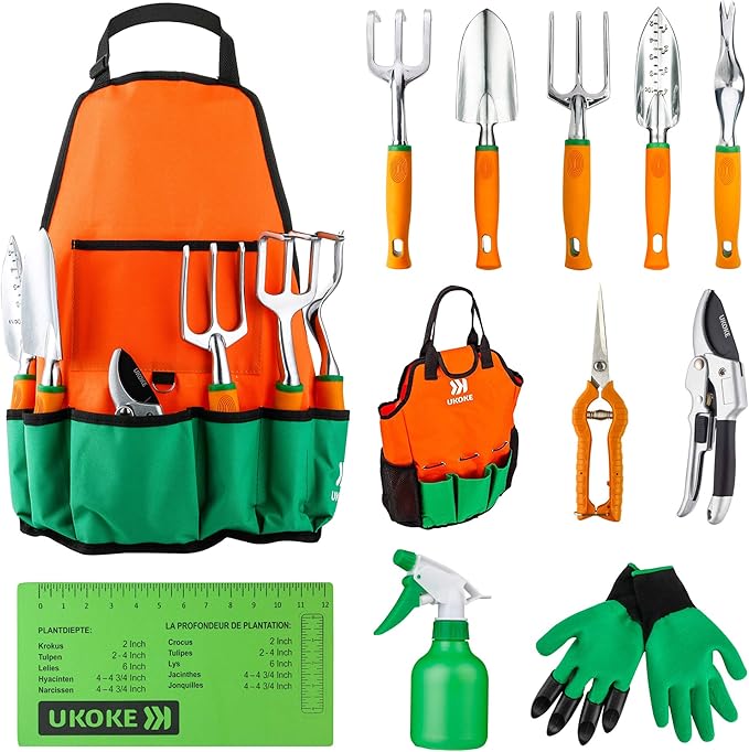 UKOKE Garden Tool Set, 12 Piece Aluminum Hand Tool Kit, Garden Canvas