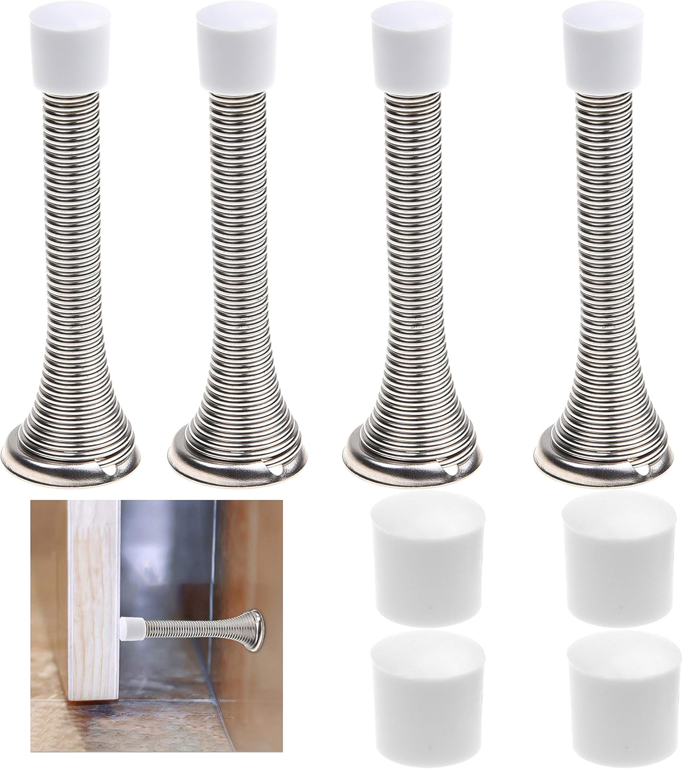 Kare & Kind 4X Spring Door Stoppers (Silver), Screw-in Flexible Steel Stoppers with White Rubber Bumper Tips
