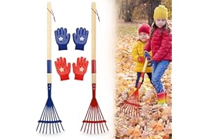 NNG 2 PCS 27" Metal Kids Leaves Rakes and 2 Pairs Kids Gloves,Small Kids Lawn Rakes with Wooden Handle,Garden Tool Set for Kids Boys and Girls