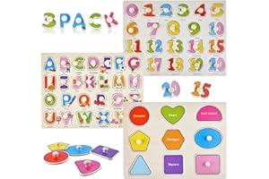 FLMRIOY 3 Pack Wooden Peg Puzzles for Toddlers 1-5, Alphabet Number Shape Blocks Preschool Educational Pegged Board for Kids 1 2 3 4 5 Years Old Gifts