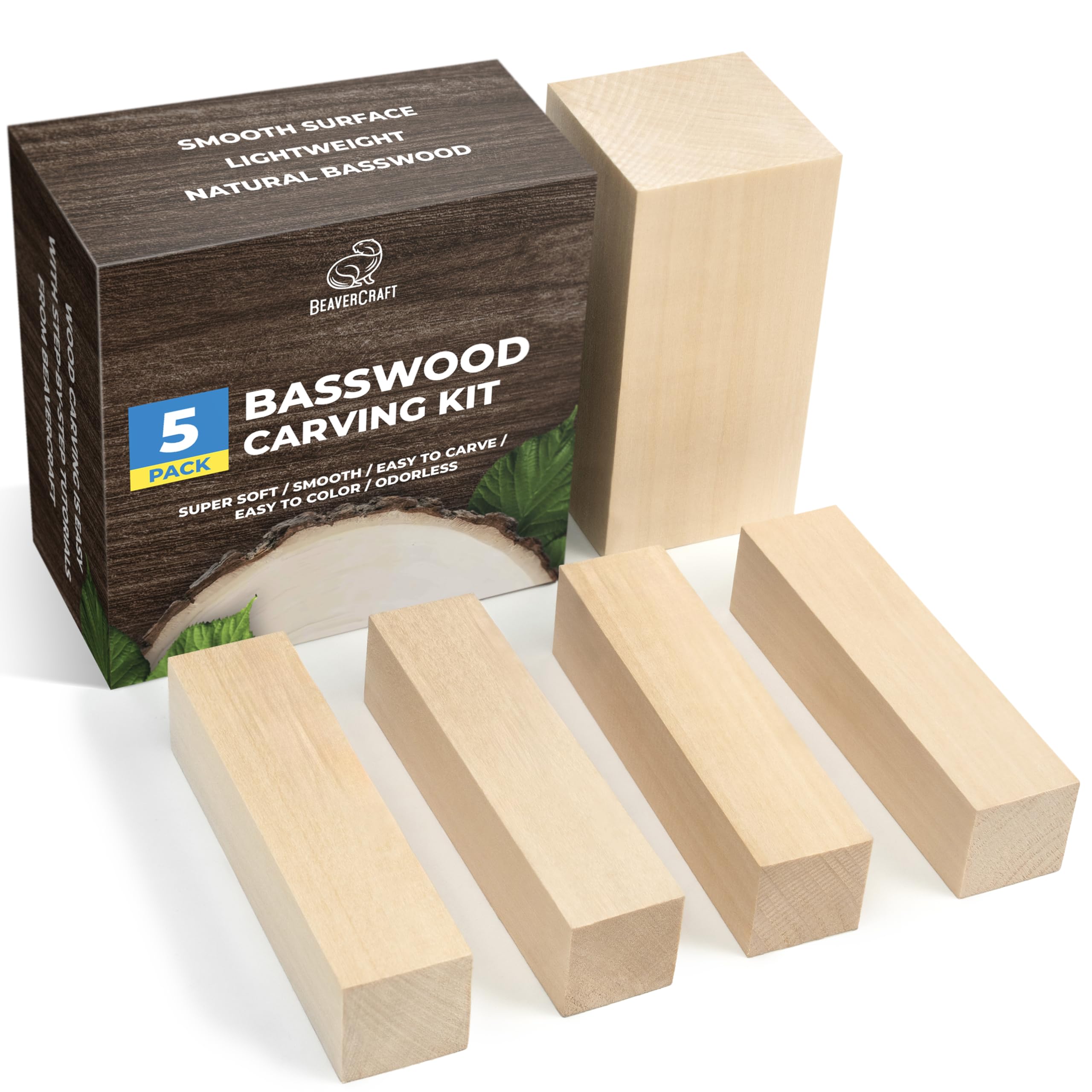 BeaverCraft Basswood Carving Blocks 5PCS Whittling Wood for Carving - Large, Small Wooden Blocks for Crafts, Unfinished Wood BW1