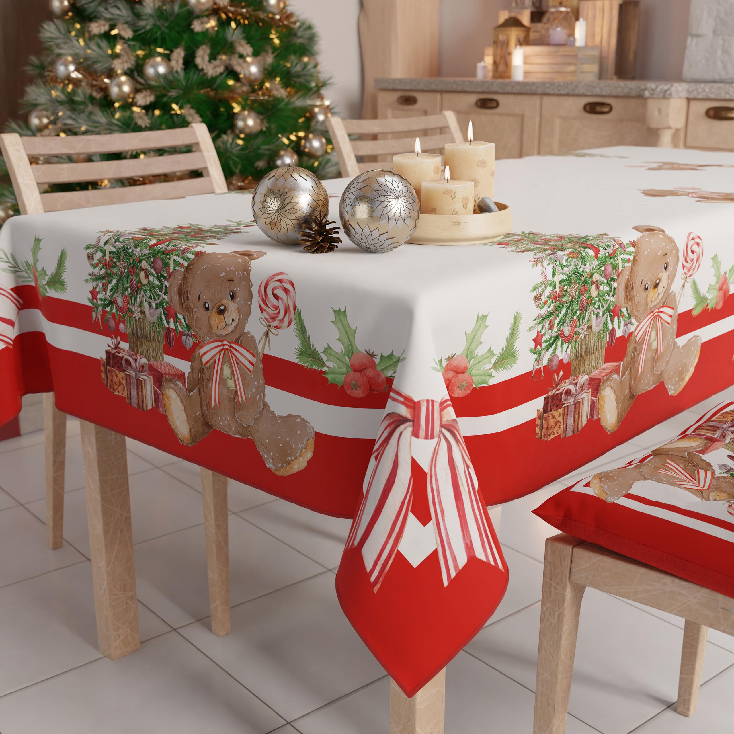 PETTI Artigiani Italiani Stain-Resistant Tablecloth Christmas – 140x180 cm Rectangular Festive Table Cover for Kitchen or Dining Table, Teddy Bear Design – 6 Seats, 100% Made in Italy — image 1