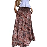 ZAFUL Women’s Summer Boho Maxi Skirts Bohemian Print Smocked High Wasited Flowy Tiered Ruffle Long Beach Skirt