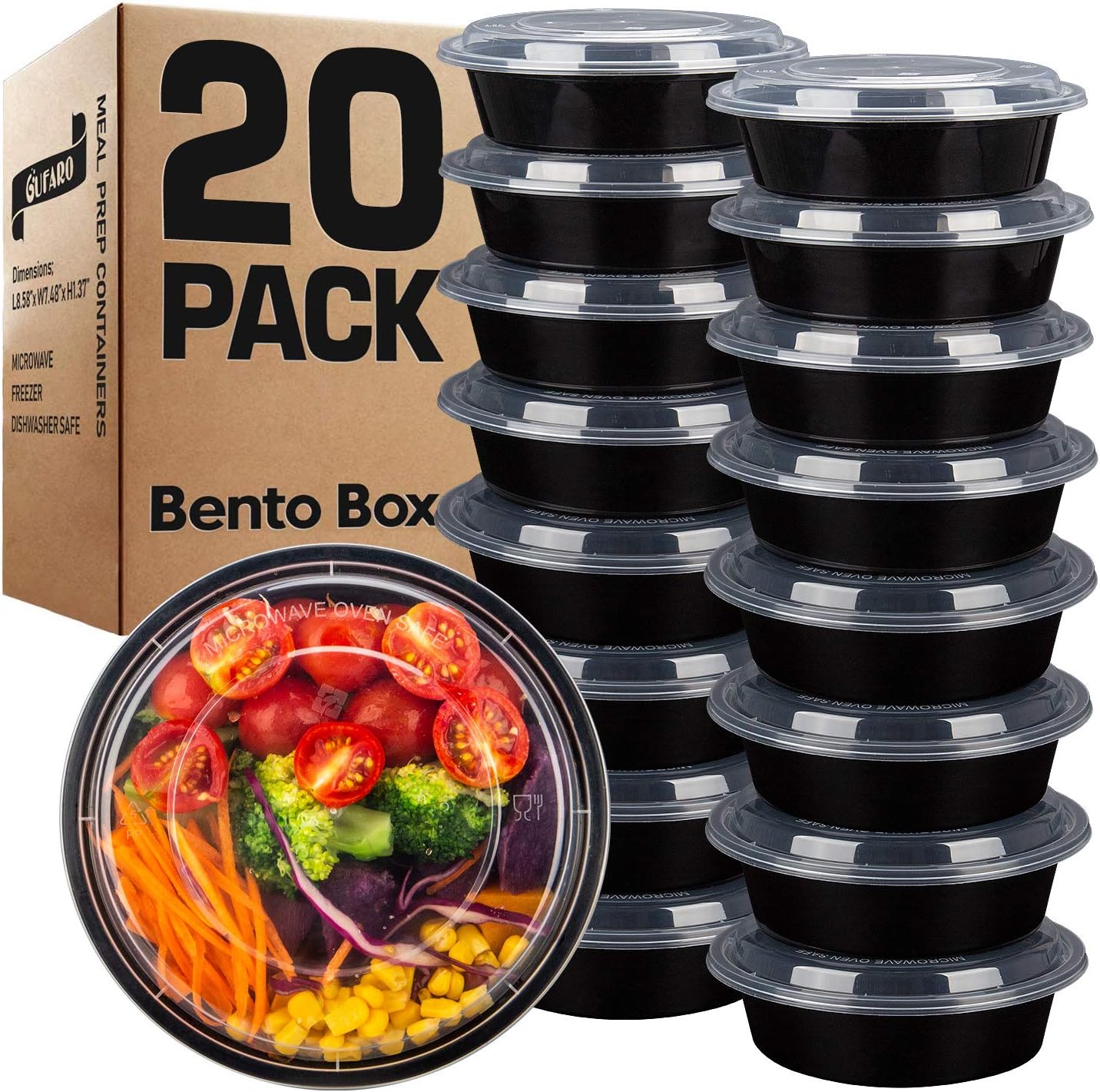 GUFARO Meal Prep Containers, Set of 20 - Food Storage Lunch Box with Lids for Kids and Adults - Salads, Microwave Snacks, Freezer and Dishwasher Safe - Bento Design and Portion Control