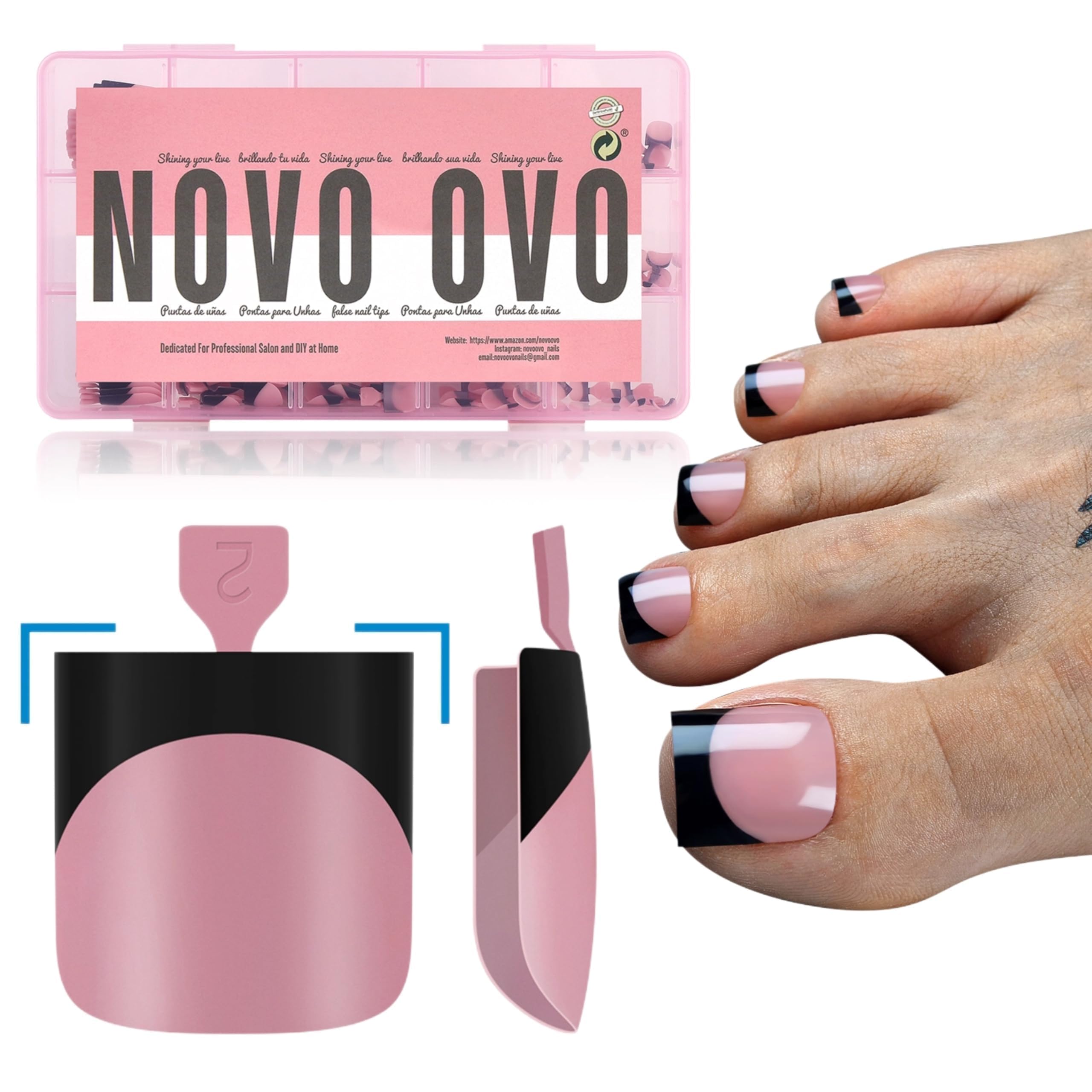 NOVO OVO Halloween Black French Tip Toe Nail Tips Press on, BERRY PINK Sharp Square Pre-Designed Soft Gel False Toenail Extension, Medium Fake Toenails, Full Cover Acrylic for DIY 15 Sizes 240 pcs