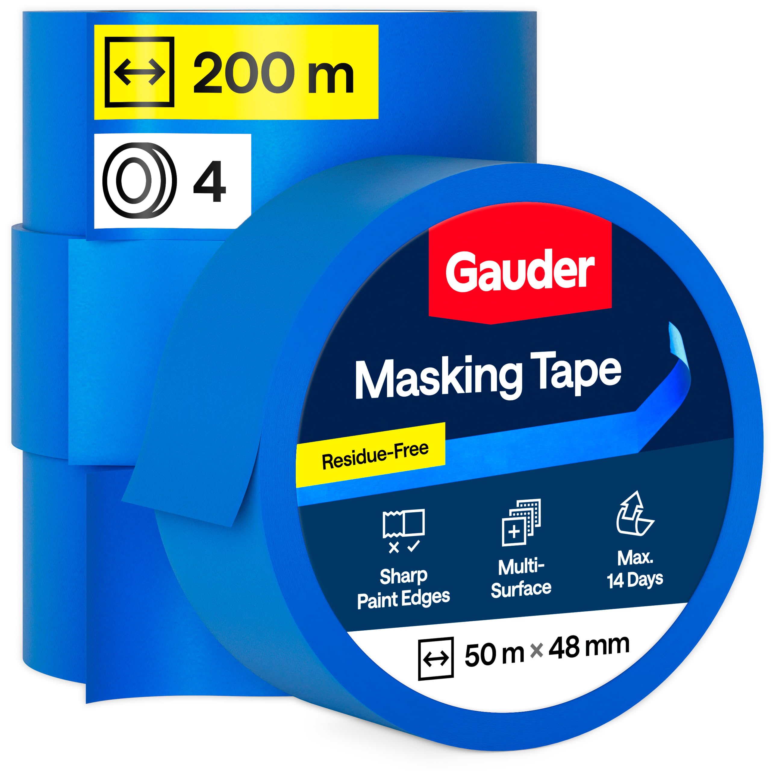 GAUDER Wide Masking Tape for Painting - Blue Painters Tape for Precise Edges - Paint Tapes for Painting - Decorators Tapes for Renovating, Automotive, Art and DIY Projects (4 Rolls - 48 mm x 50 m)