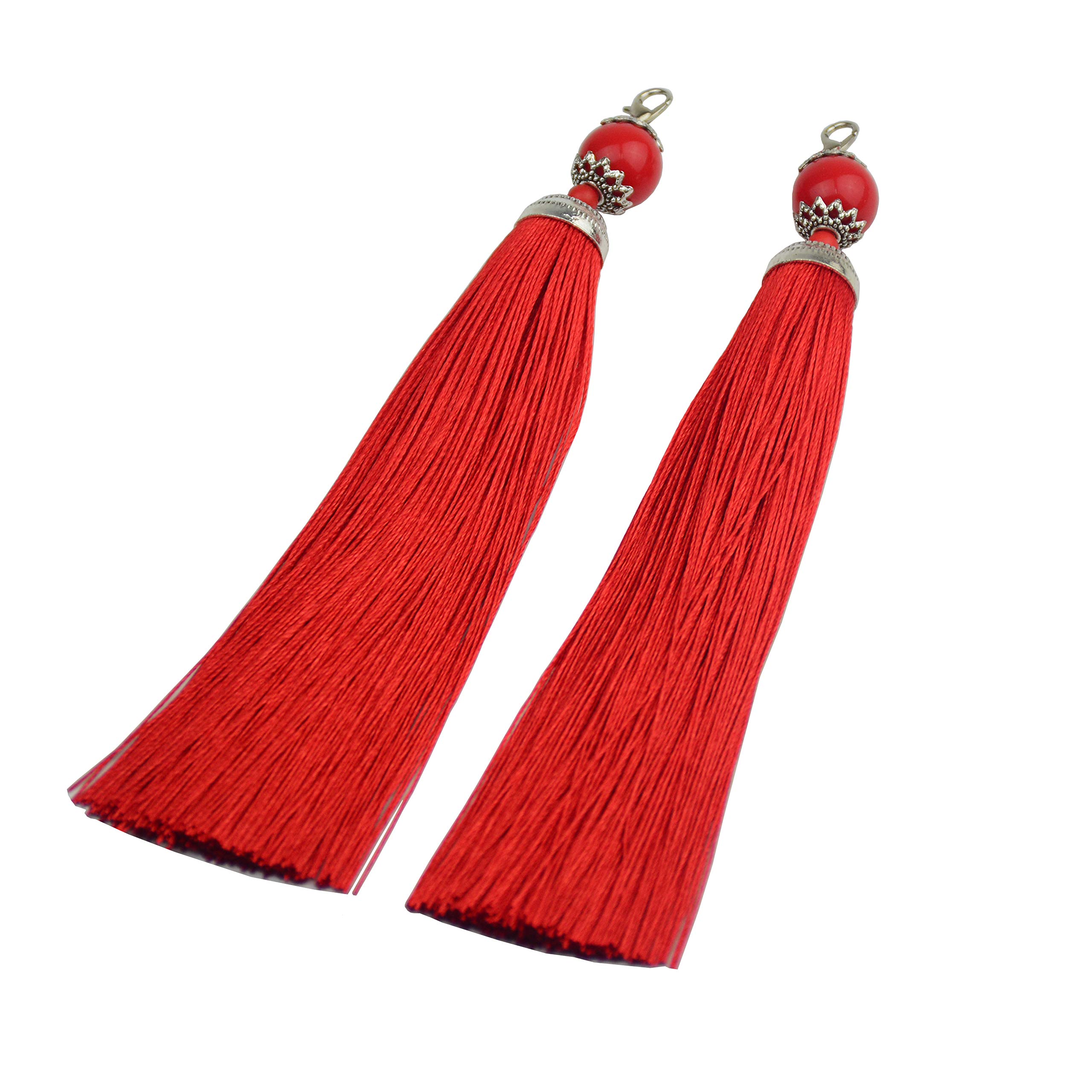 Makhry 10pcs 6.3 Inches Handmade Silky Floss Lobster Clasp Tassel Key Chain Beads Bookmark Tassel Pendant for DIY Craft Jewelry Women Earring(Red, Long)
