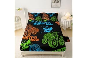 QOOMO Truck Bed Sheets,Cars Bed Sheet for Kids Boys Teens,16" Deep Pocket Bed Sheet Set for Boys/Girls/Kids/Teens，4 Piece Sheet Set, 1 Fitted Sheet,1 Flat Sheet and 2 Pillowcases，Twin Size