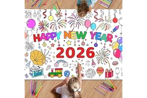 AUGSUN Happy New Year Giant Coloring Poster/Tablecloth - New Years Decorations 2026, 72 x 30 Inch Jumbo NYE Coloring Banner Kids Crafts Activities Party Decorations | New Years Eve Party Supplies