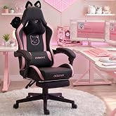 Dowinx Gaming Chair with Cat Ears and Massage Lumbar Support, Ergonomic Computer Chair with Footrest and Headrest, Comfortable Reclining Game Chair 290lbs for Adults, Black Pink