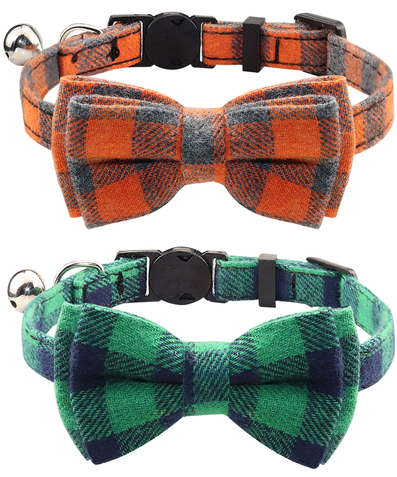 Joytale Cat Collar with Bell and Bow Tie, Soft Tartan, Quick Release Safety Collars for Kitten and Cats, 2 Pack, Green+Orange