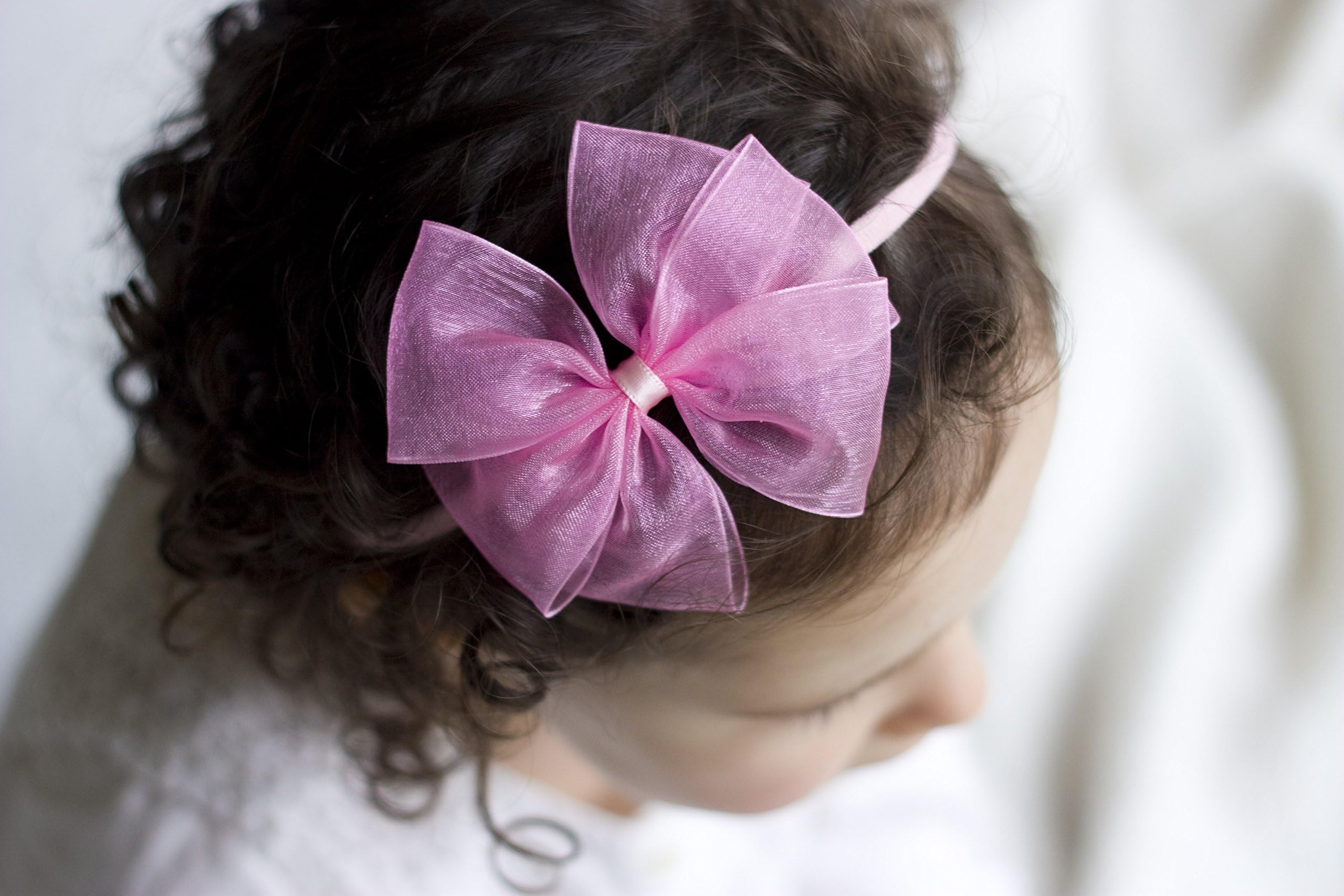 Golden Beam, Organza Baby Bow, Flower Girl Headband, Christening Bow Headband, Girls Bows, Sophie Organza Bow Handmade, Baby to Adult Headband (Pink)