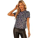 Allegra K Sequin Top for Women's Velvet Crew Neck Short Sleeve Party Clubwear Blouse