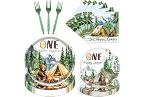 Aposwow Happy One Camper Birthday Decorations Supplies, 96PCS Camping 1st Party Plates and Napkins Set, Disposable Adventure 