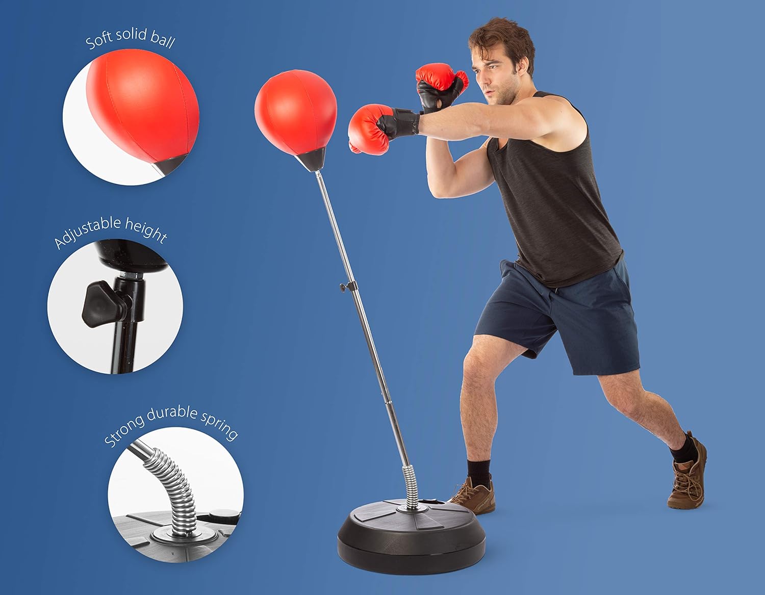Tech Tools Boxing Ball Set with Punching Bag, Boxing Gloves, Hand Pump & Adjustable Height Stand - Strong Durable Spring Withstands Tough Hits for Stress Relief & Fitness (Adult) : Sports & Outdoors