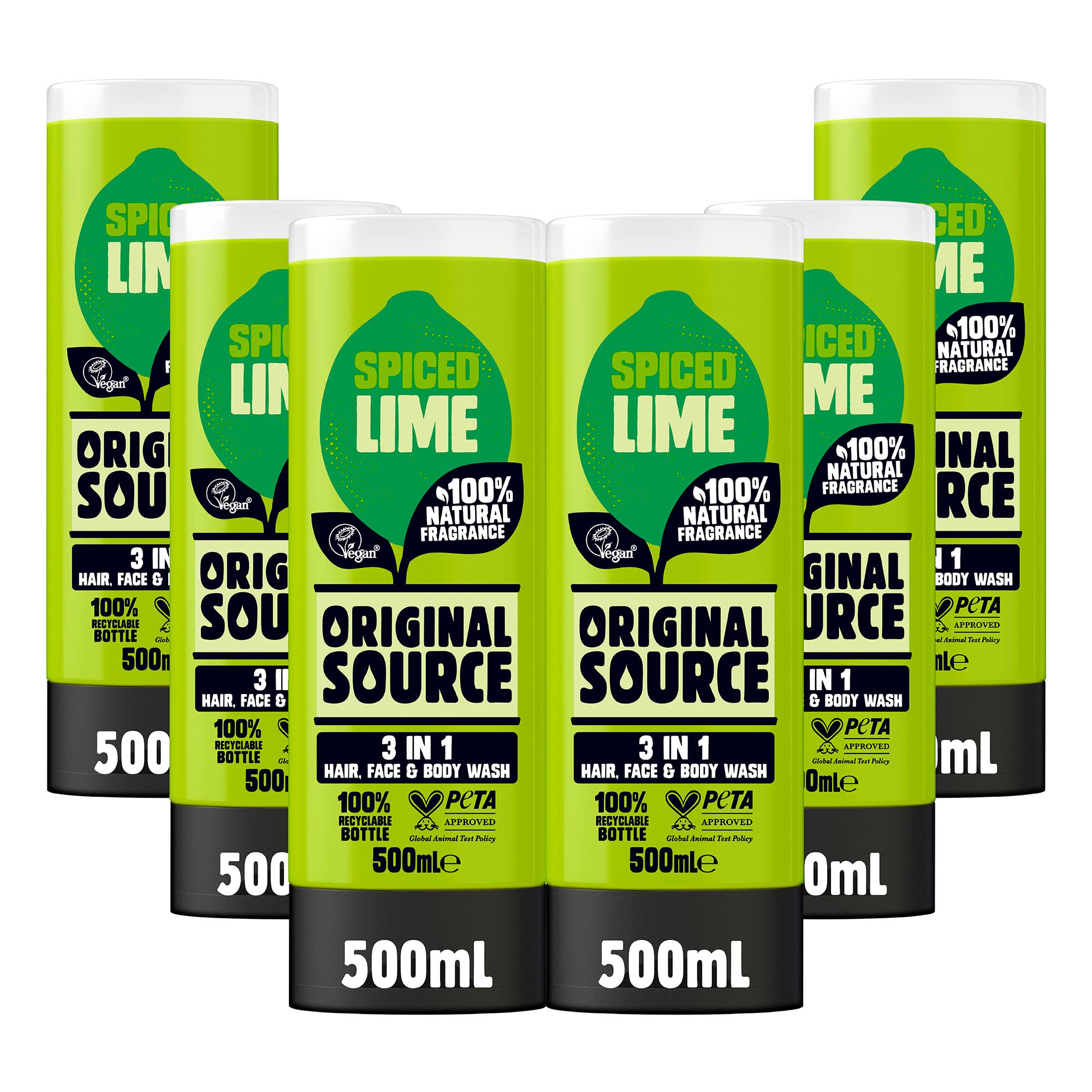 Original Source Mens 3in1 Spiced Lime Shower Gel, 100 Percent Natural Fragrance, Vegan, Cruelty Free, Paraben Free, Bulk Buy, Pack of 6 x 500 ml