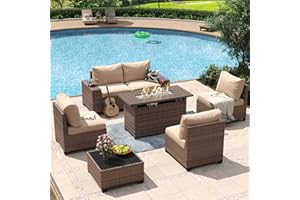 Aoxun 7 Piece Patio Furniture Set with Wide Armrests & 44” Fire Pit Table Wicker Rattan Outdoor Sectional Sofa Set with Coffee Table and Thickened Cushions, Brown/Beige(Waterproof Cover Included)