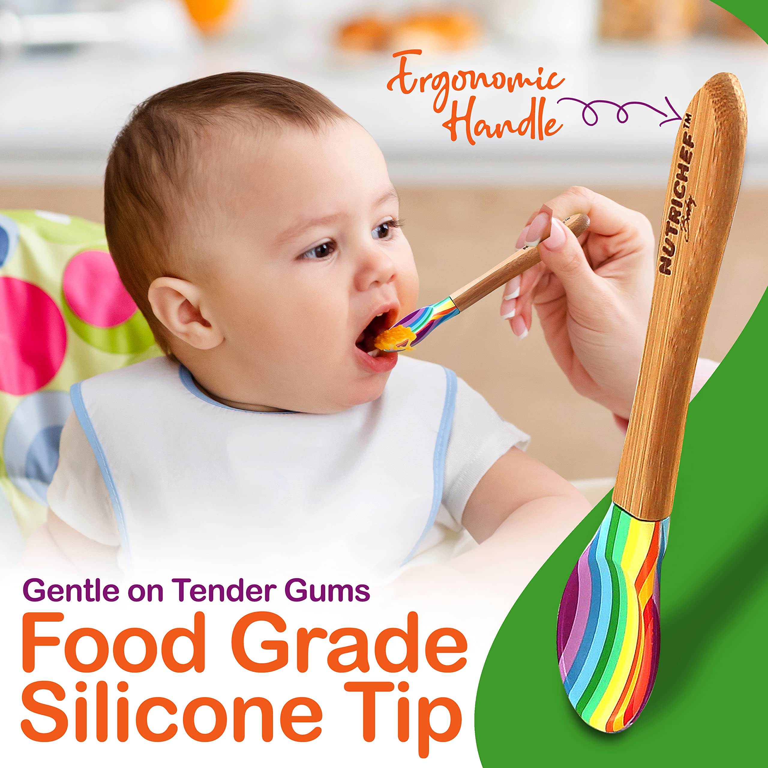 NutriChef Bamboo Baby Feeding Bowl - Wooden Infant Toddler Dish and Spoon Set w/Silicone Suction Base for Stay Put Eating, For Children Aged 4-72 Months (Stripe Bowl)