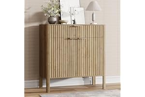 CozyMine Sideboard Buffet Cabinet with Storage - Modern Fluted Credenza with Doors & Drawer, Accent Cabinet Coffee Table Bar Counter Bookcase for Living Room Kitchen Dining Room Entryway 31" H Oak