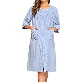 SWOMOG House Dress for Women Snap Front Dusters for Women with Pockets 3/4 Sleeve Cotton Nightgown S-XXXL