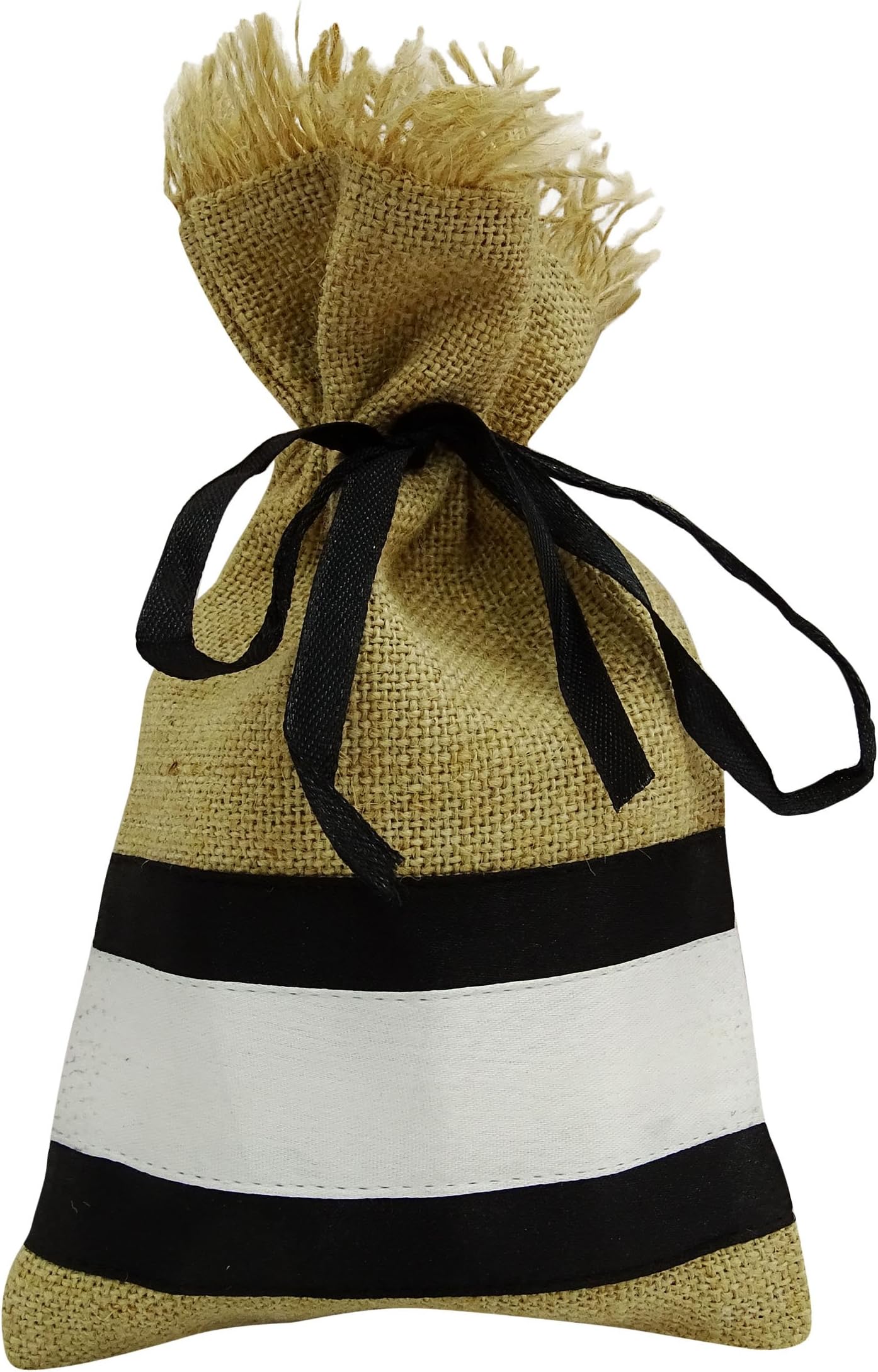 Darling Souvenir Rustic Wedding Small Favor Pouch Natural Jute With Black White Lace Drawstring Gift Sack Bag 4 x 6.5 inches