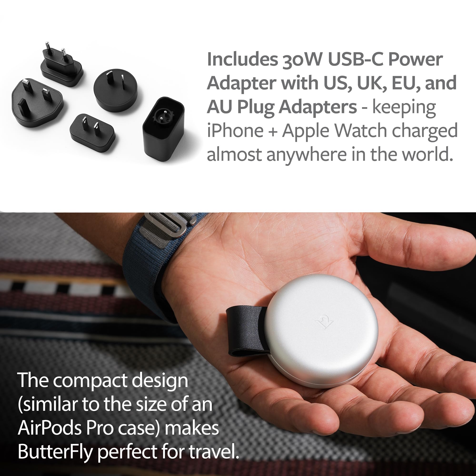 Butterfly 2-in-1 Compact Foldable Wireless Charger with Travel Adapter, 15W MagSafe Duo Charging for iPhone, Airpods, and Apple Watch